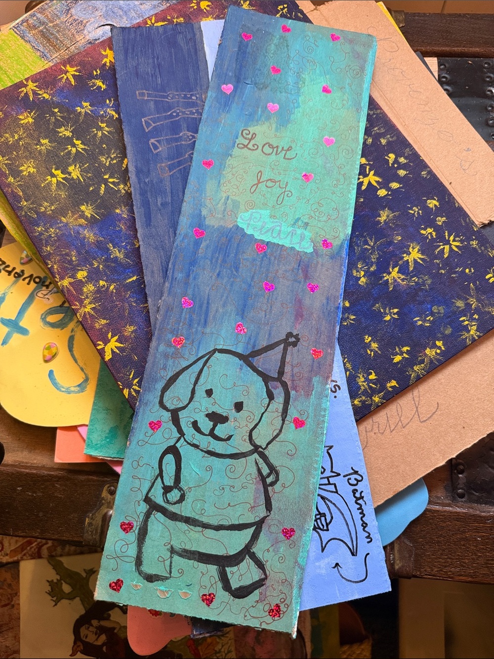 Handmade Teal & Blue Dog Art Panel - Love Joy Faith